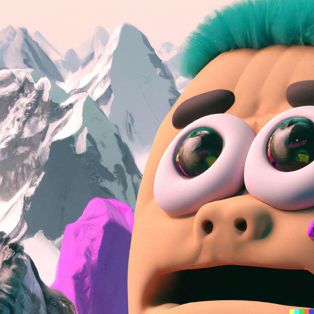 someone gazing at Mount Everest, close-up, very cute, emoji, multicolored, Unreal Engine 3D render, trending on ArtStation, realistic materials